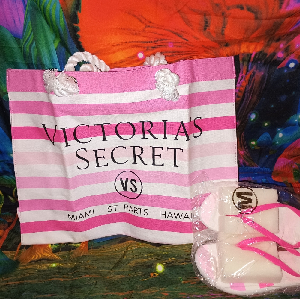 Victoria's Secret maima st barts Hawaii pink white stripe bag w flip flops